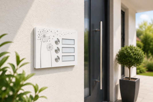 Bozen 17 x 12 cm Dreifamilienhaus Türklingel in Weiß an modernem Hauseingang mit Pusteblumen Gravur und drei Schriftfeldern