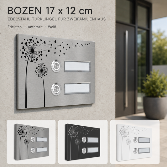 Bozen 17 x 12 cm Edelstahl-Türklingel für Zweifamilienhaus mit Schriftfeldern in Edelstahl, Anthrazit und Weiß