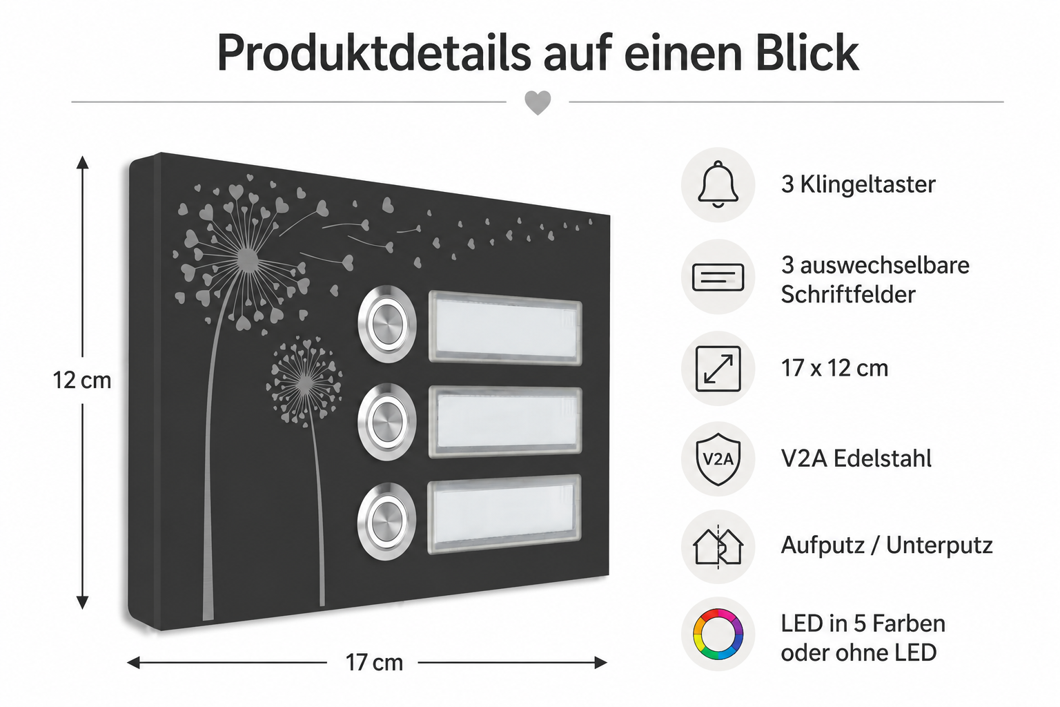 Bozen 17 x 12 cm Edelstahl Türklingel für 3 Familienhaus – Produktdetails auf einen Blick