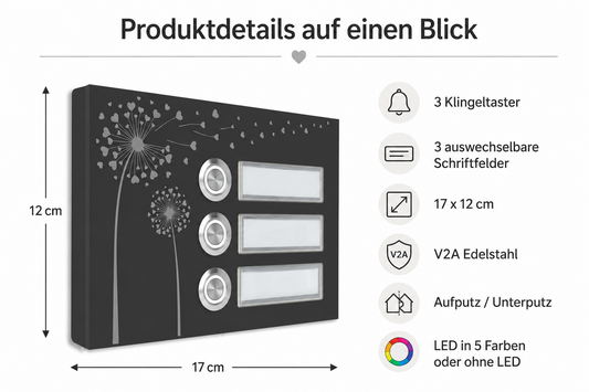 Bozen 17 x 12 cm Edelstahl Türklingel für 3 Familienhaus – Produktdetails auf einen Blick