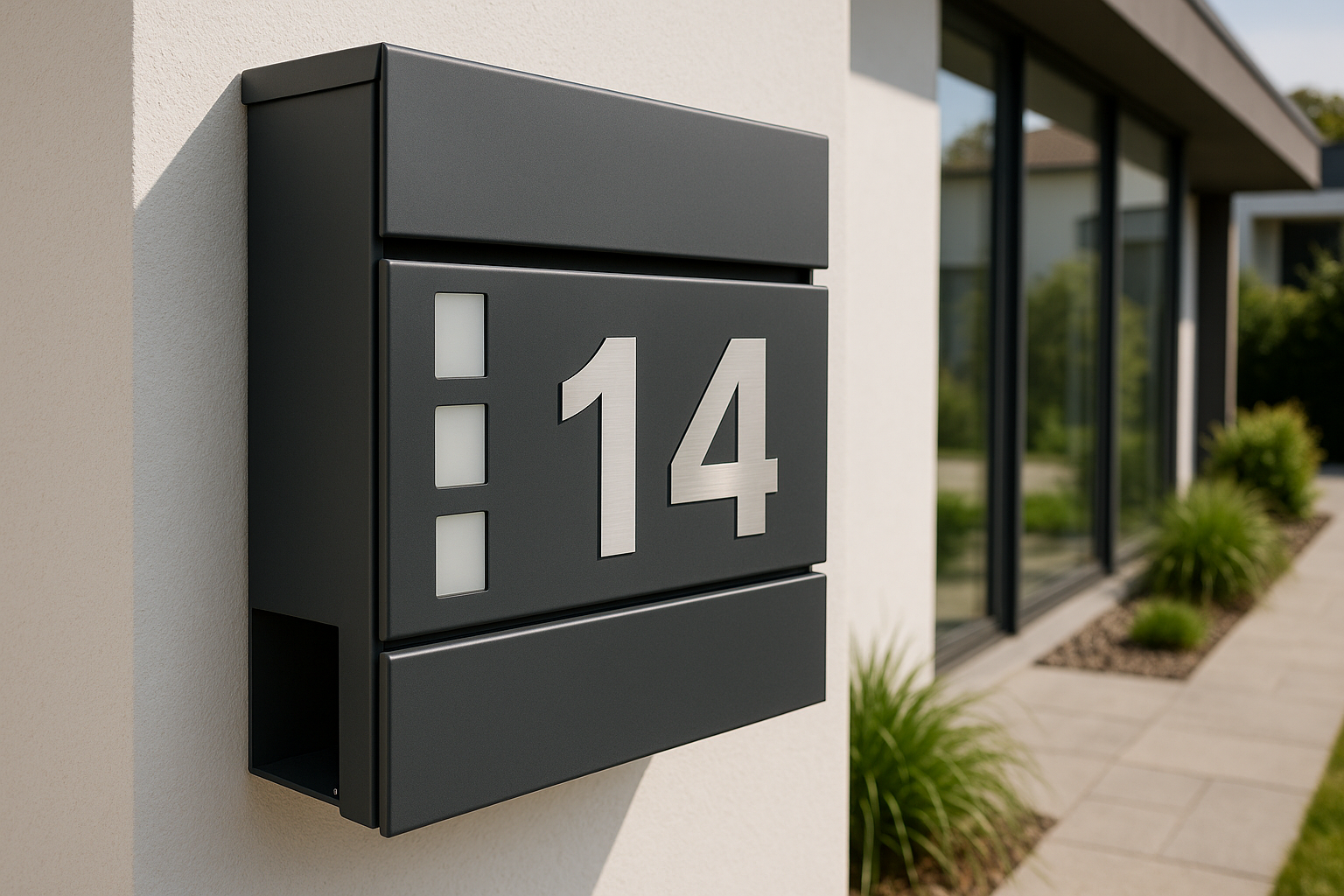 Moderner Briefkasten mit Zeitungsfach in Anthrazit mit Edelstahl-Hausnummer 14 an einer Hauswand montiert