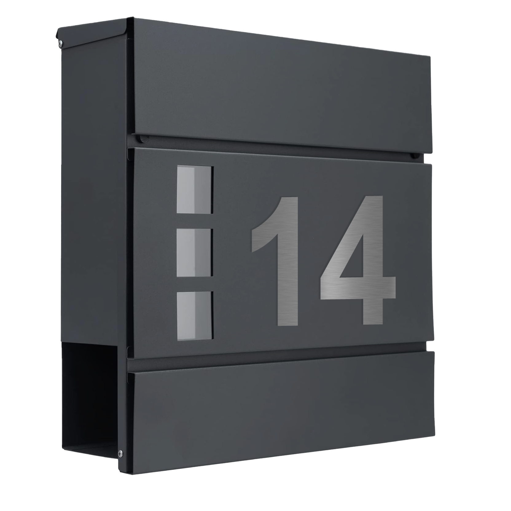 Moderner anthrazitfarbener Briefkasten mit Edelstahl-Hausnummer 14