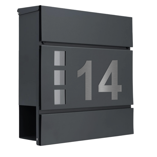 Briefkasten Manhattan in Anthrazit RAL 7016 mit Edelstahl-Hausnummer 14