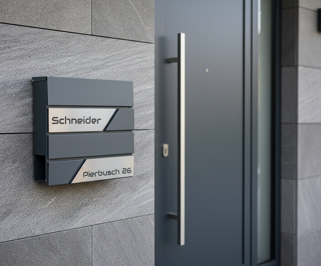 Briefkasten mit anthrazitfarbener Haustür