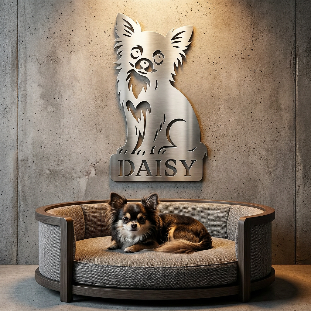 Ein kleiner, langhaariger Chihuahua liegt gemütlich auf einem grauen Sofa. Im Hintergrund an der Wand hängt eine Kunst aus V2A Edelstahl, die einen Chihuahua darstellt und darunter den Namen 'DAISY' trägt
