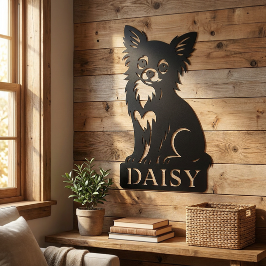 V2A Edelstahl Kunstwerk, schwarz pulverbeschichtet, in Form eines Chihuahuas mit dem Namen 'DAISY'. Es hängt an einer Holzwand neben Büchern und einer Pflanze auf einem Regal.