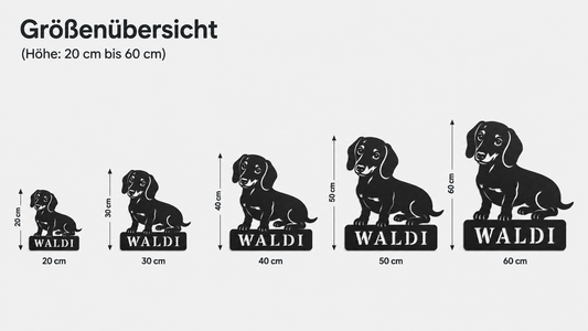 Größenübersicht für personalisiertes Dackel Namensschild Waldi von 20 bis 60 cm Höhe