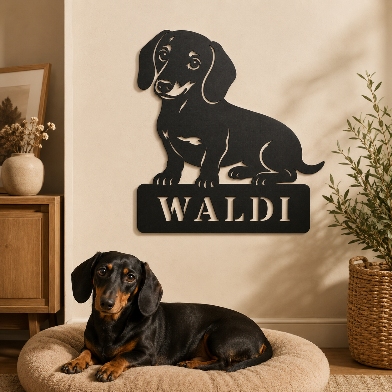 Personalisiertes Dackel Namensschild Waldi in Schwarz im Wohnbereich mit Dackel