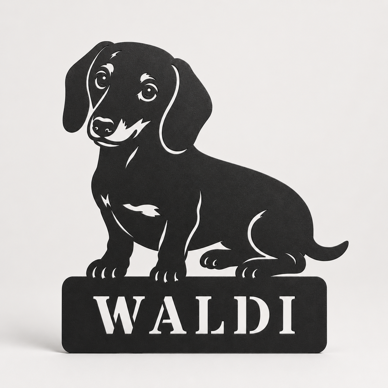 Personalisiertes Dackel Namensschild Waldi in Schwarz RAL 9005