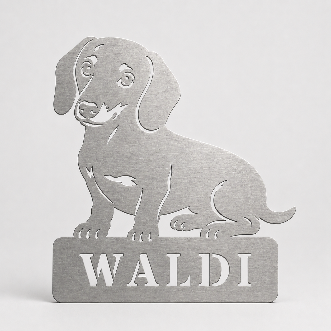 Personalisiertes Dackel Namensschild Waldi aus gebürstetem V2A Edelstahl