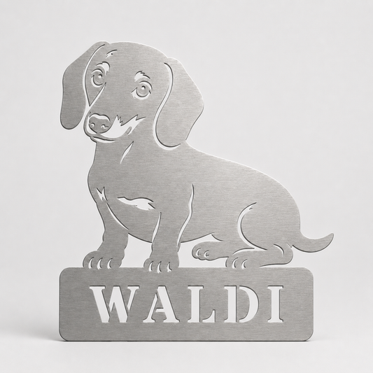 Personalisiertes Dackel Namensschild Waldi aus gebürstetem V2A Edelstahl