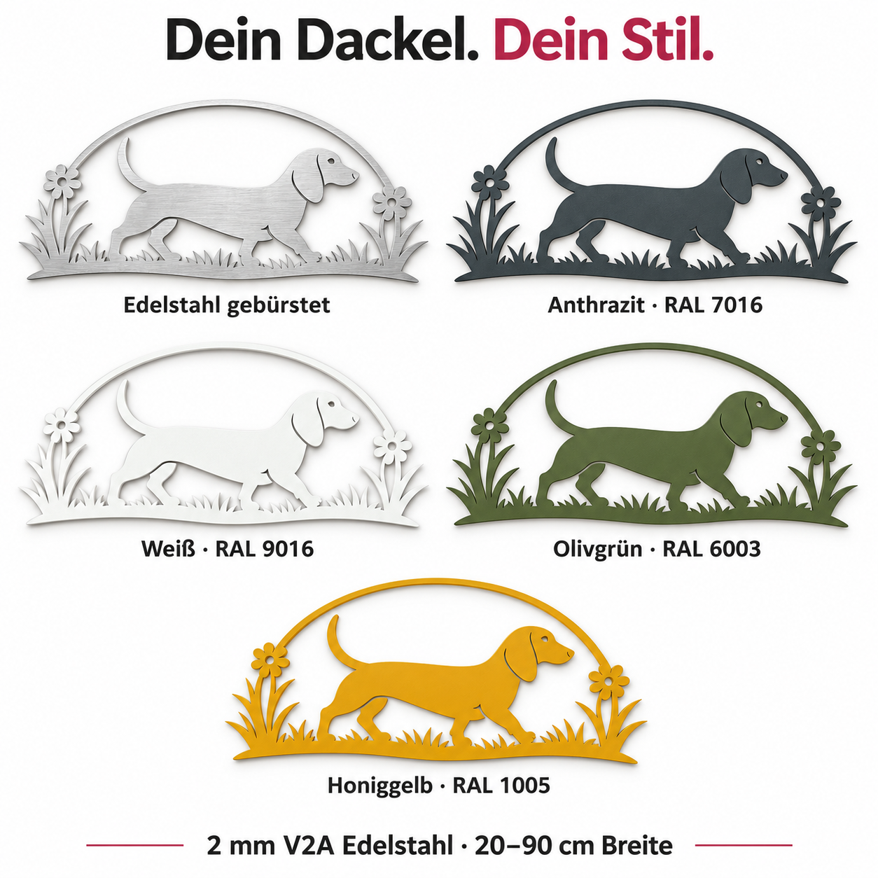 Dackel im Wiesenbogen Wanddeko – Edelstahl, Anthrazit, Weiß, Olivgrün und Honiggelb