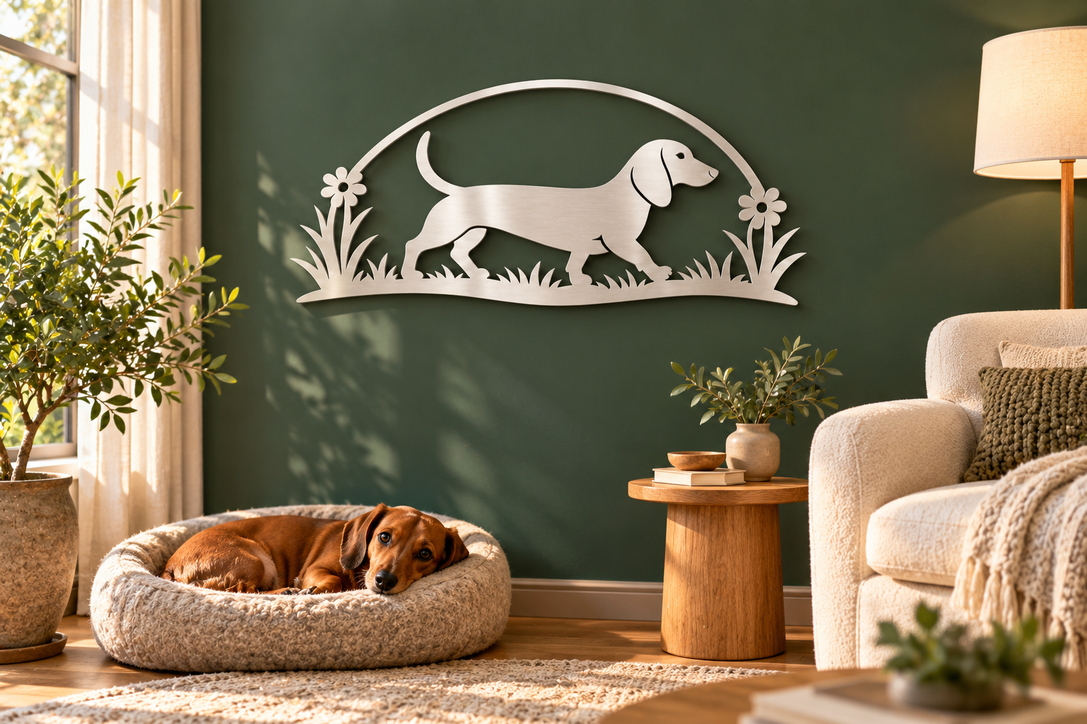 Dackel Wanddeko aus gebürstetem Edelstahl im Wohnzimmer über einem Hundebett