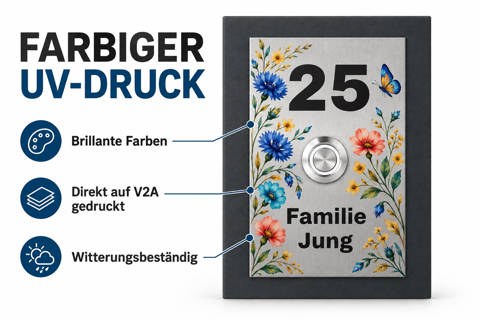 Dakota Türklingel mit farbigem UV-Druck eines Blumenmotivs direkt auf gebürstetem V2A-Edelstahl