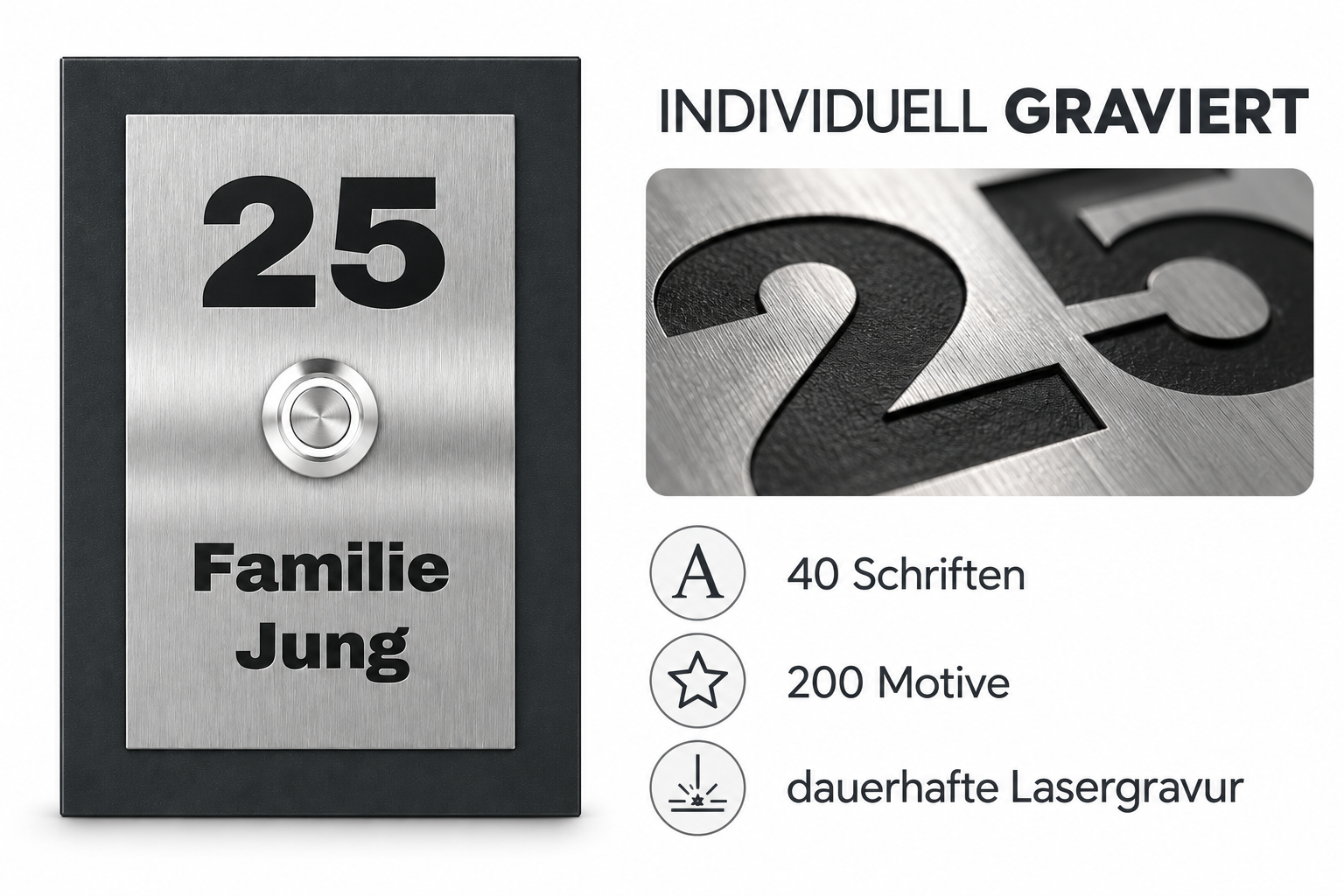 Personalisierbare Dakota Türklingel mit dauerhafter Lasergravur, Schriften und Motiven