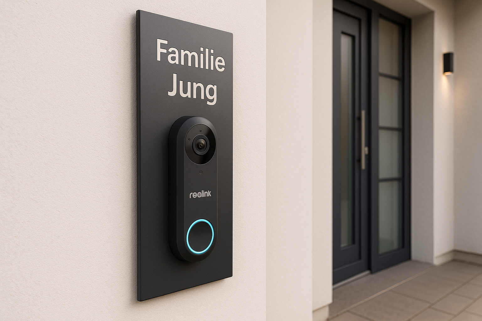 Dekorschild für Reolink Türklingel in Anthrazit aus V2A Edelstahl mit Gravur „Familie Jung“, montiert an moderner Hauswand neben dunkler Haustür