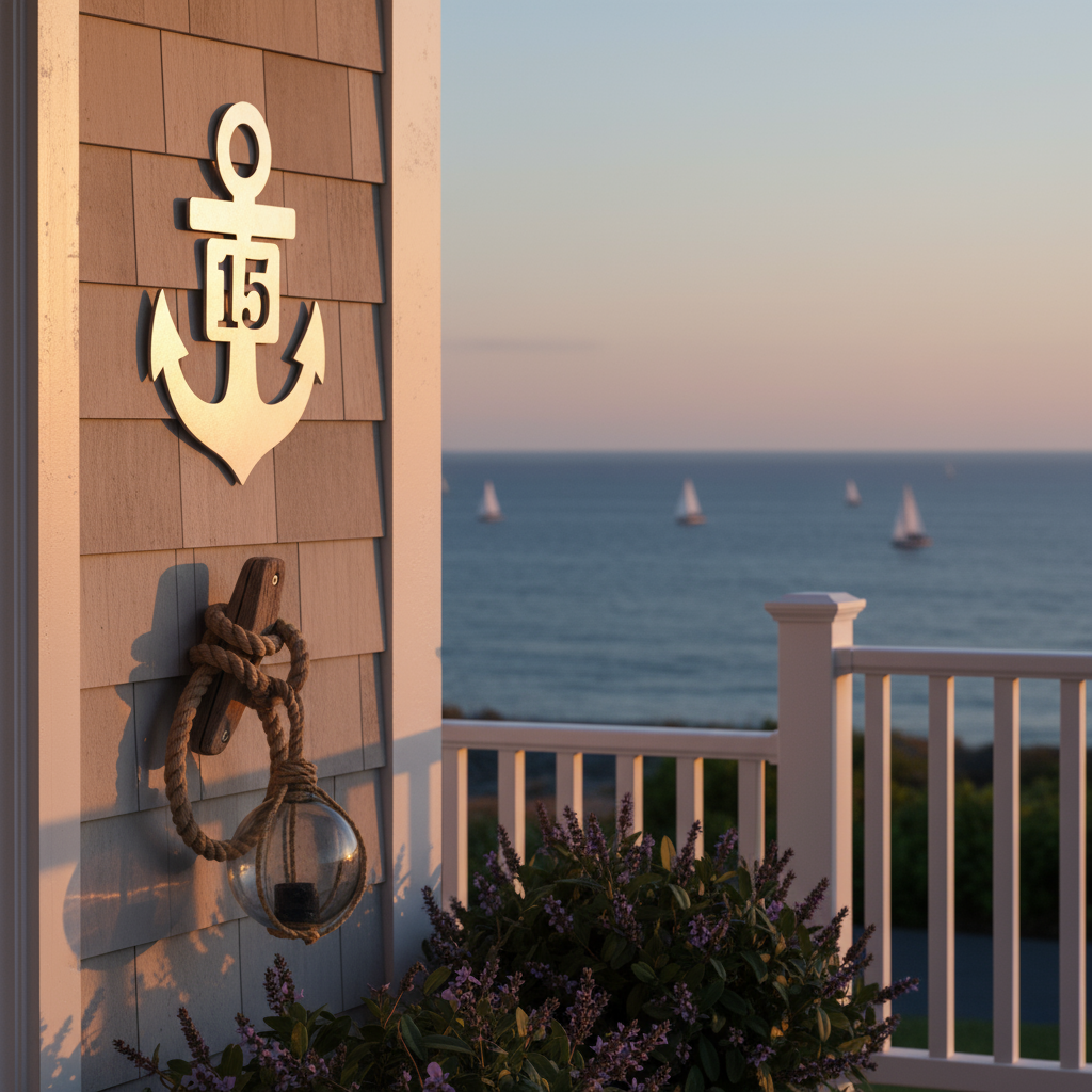 Edelstahl Anker-Hausnummer mit Meerblick
