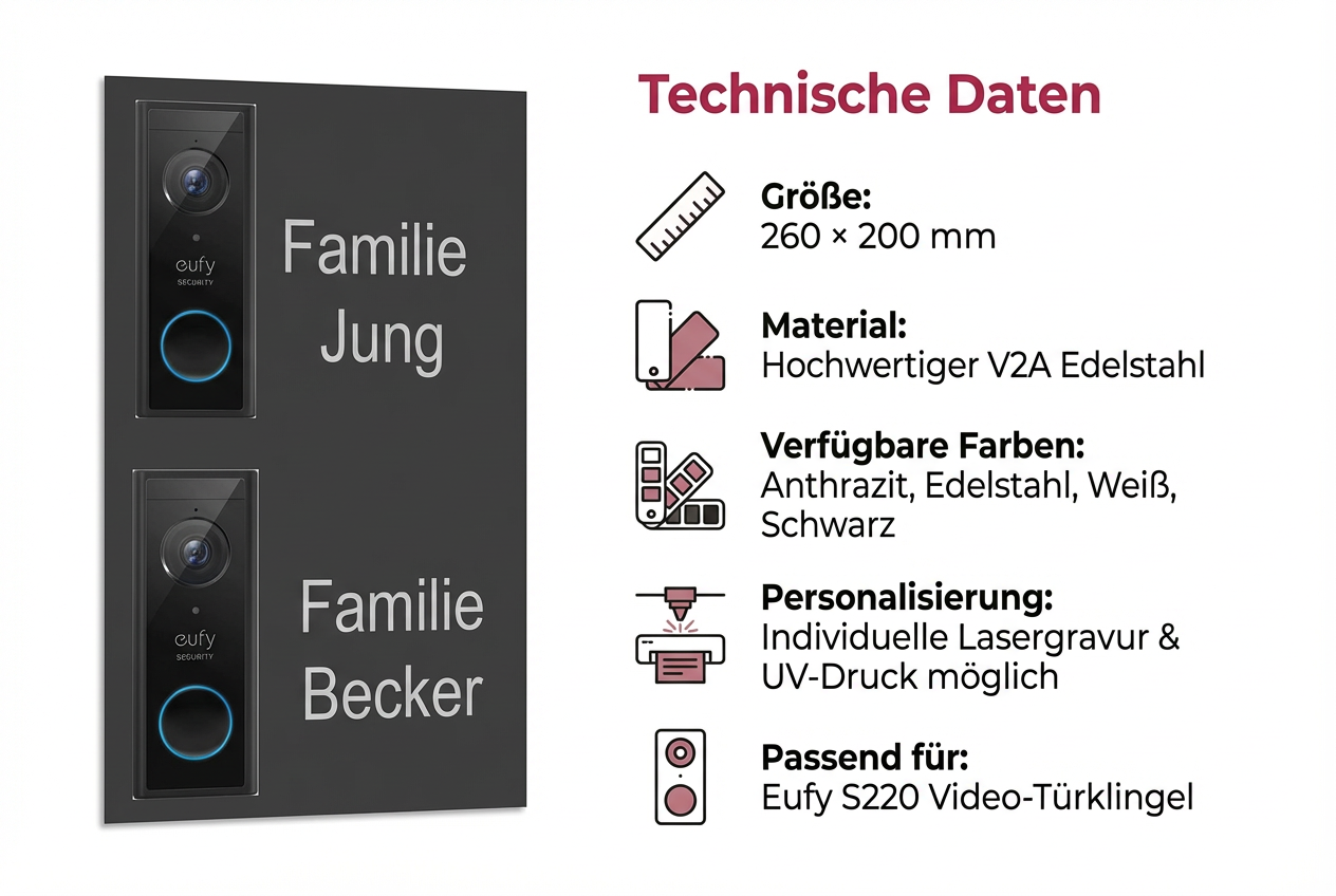 Infografik: Edelstahl-Blende 260×200 mm für Eufy S220 Video-Türklingel, technische Daten, Farben, Material und Personalisierung.