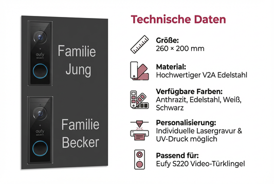 Infografik: Edelstahl-Blende 260×200 mm für Eufy S220 Video-Türklingel, technische Daten, Farben, Material und Personalisierung.