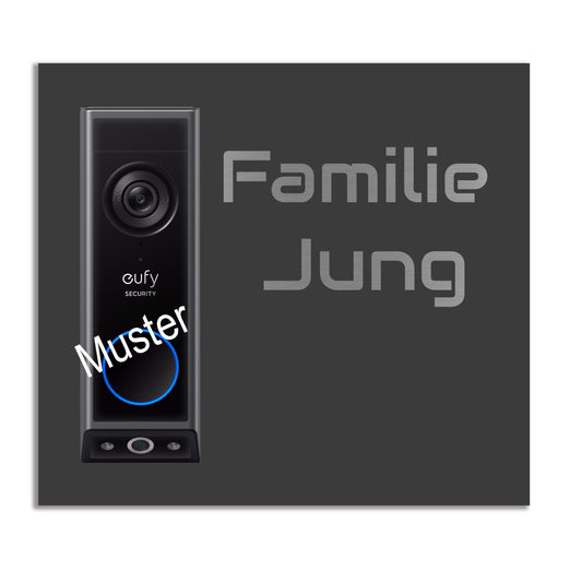 Edelstahl-Dekorschild passend für Eufy 340 Video Doorbell – anthrazit pulverbeschichtet mit graviertem Namensschriftzug „Familie Jung“ – modernes Design für den Eingangsbereich individuell personalisierbar
