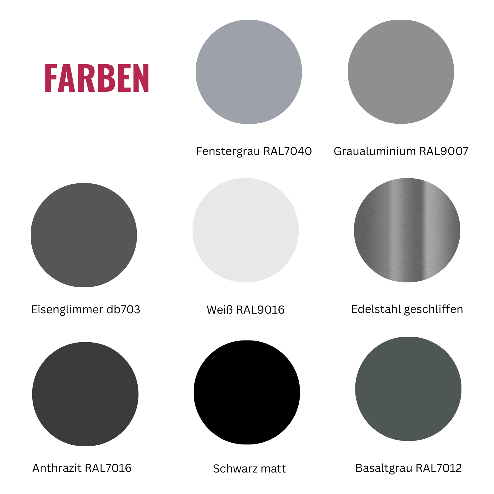 Farbmuster für Edelstahlschilder mit RAL-Angaben: Fenstergrau, Graualuminium, Eisenglimmer, Weiß, Edelstahl geschliffen, Anthrazit, Schwarz matt und Basaltgrau.