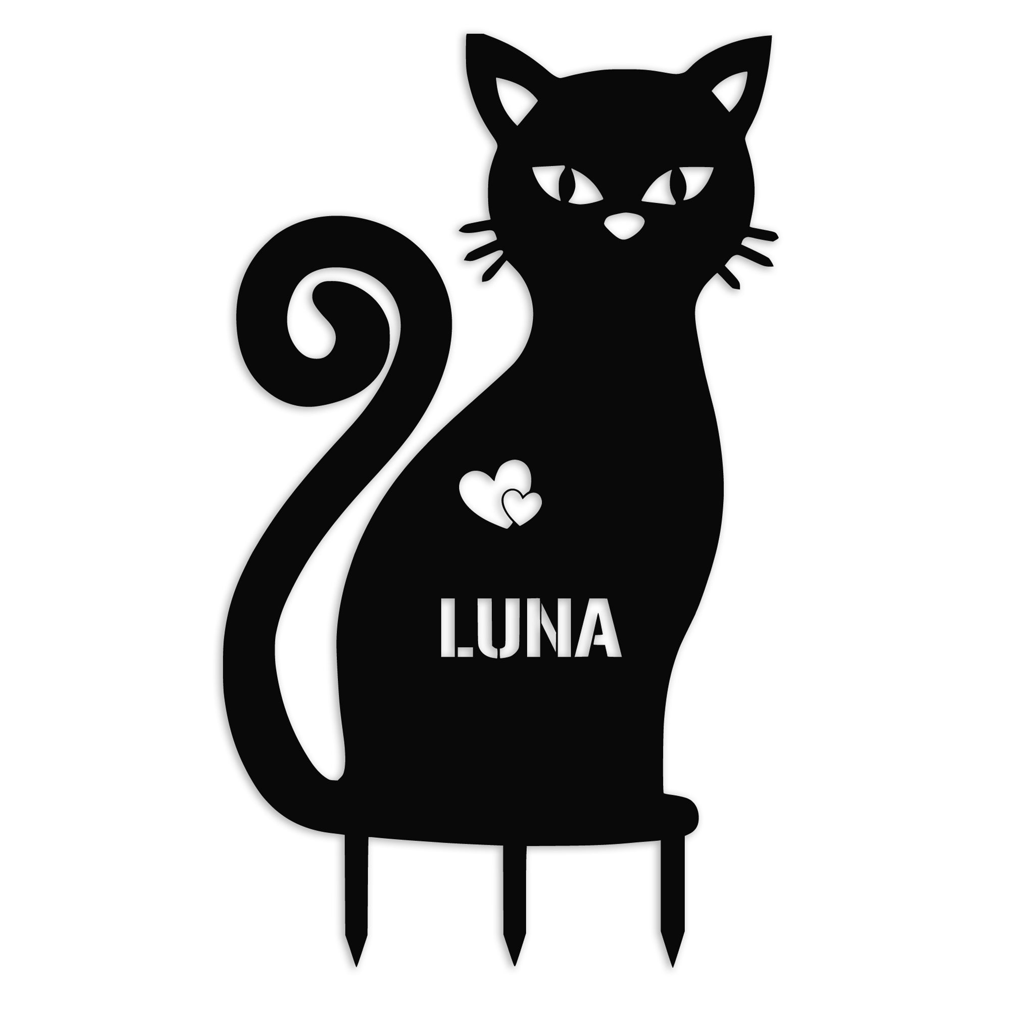 Gartenstecker Katze „Luna“ in Schwarz aus V2A Edelstahl, wahlweise 30, 40 oder 50 cm – personalisierbar und wetterfest.