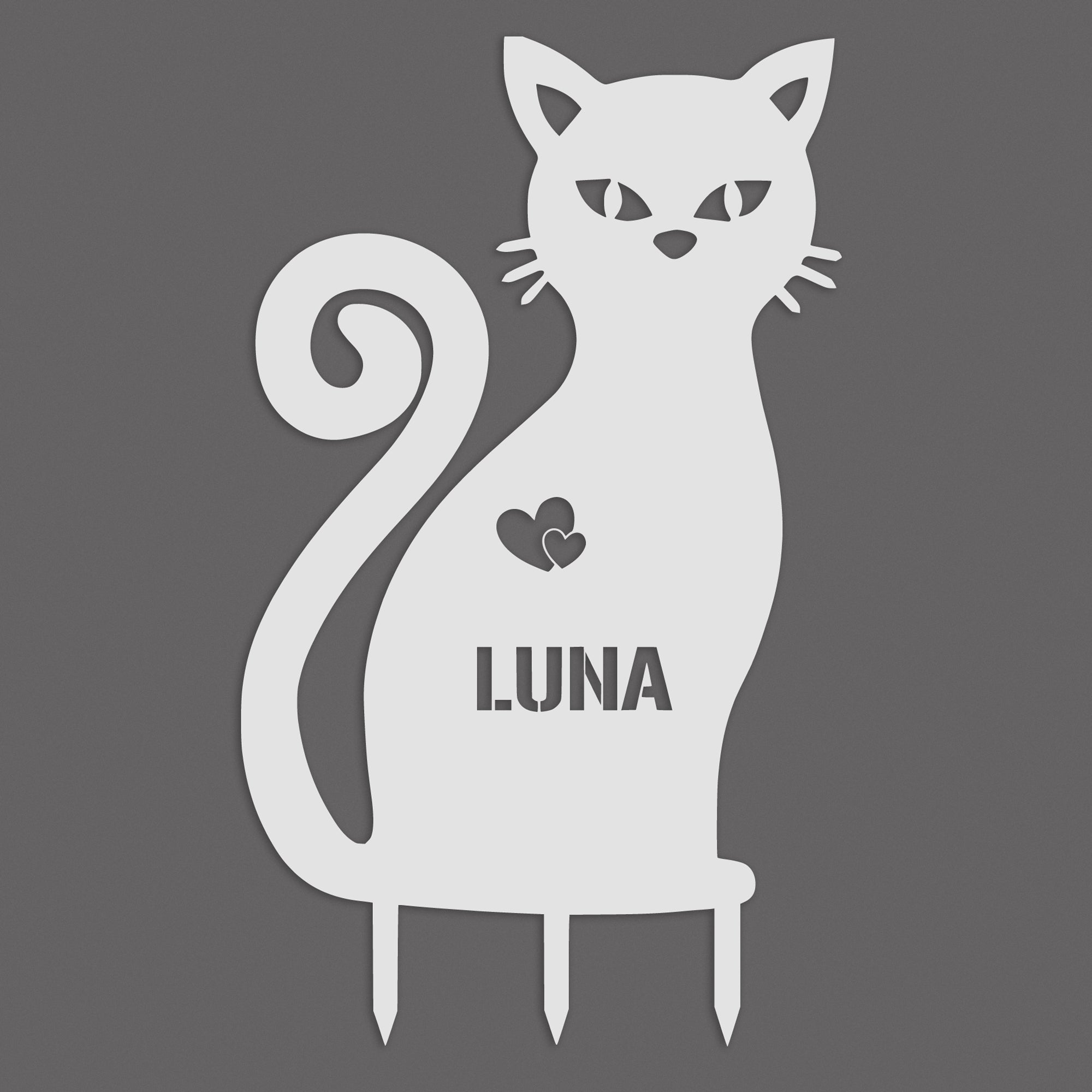 Gartenstecker Katze „Luna“ in Weiß – aus echtem V2A Edelstahl, wetterfest & personalisierbar, in 30, 40 oder 50 cm erhältlich.

