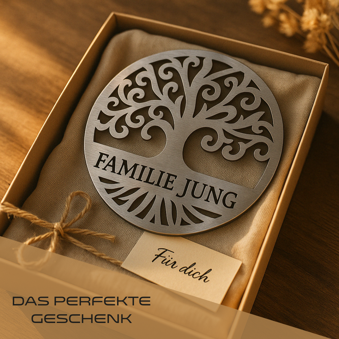 Geschenkbild: Rundes Edelstahlschild mit Lebensbaum und Schriftzug „Familie Jung“ – aus V2A Edelstahl, liebevoll verpackt mit Karte „Für dich“ – perfektes Geschenk zur Einweihung, Hochzeit oder Familie
