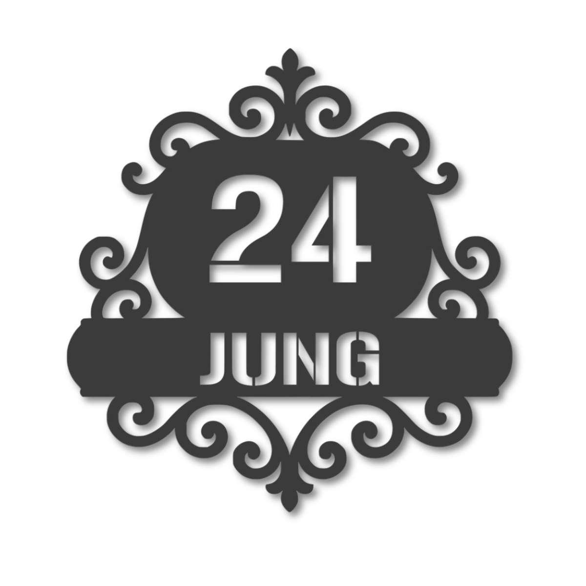 Moderne Hausnummer aus V2A Edelstahl anthrazit pulverbeschichtet mit floralem Design – dekoratives und wetterfestes Wandschild für Eingangsbereich oder Fassade
