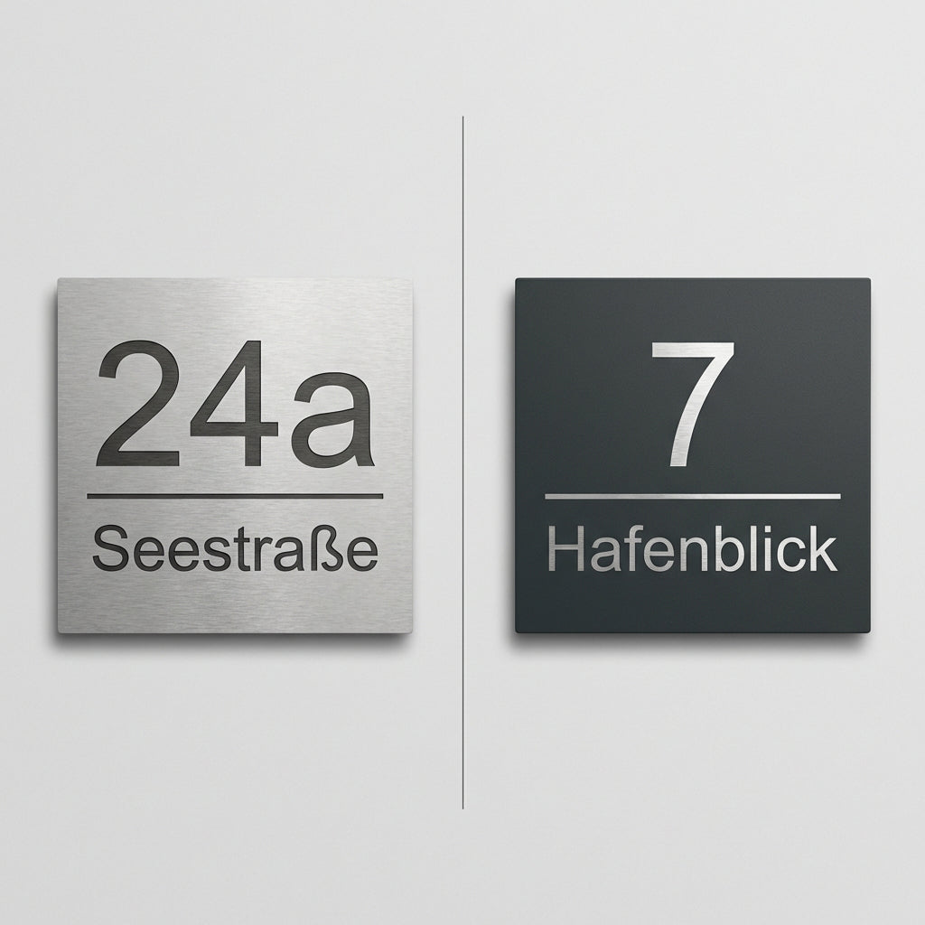 Split-Screen Vergleich: links V2A Edelstahl Hausnummernschild 24a Seestraße, rechts anthrazit pulverbeschichtetes Schild RAL 7016 mit Laserabtragung (Edelstahl sichtbar) 7 Hafenblick – Studioaufnahme auf hellem Hintergrund.
