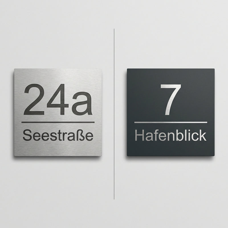 V2A Edelstahl Schild personalisiert – Hausnummer, Name oder Firmenschild bis 60 cm
