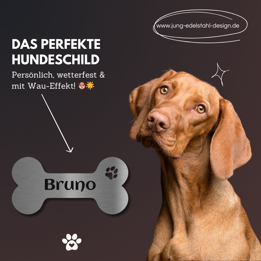 Personalisiertes Hundeschild in Knochenform aus V2A Edelstahl mit dem Namen Bruno – wetterfest und langlebig
