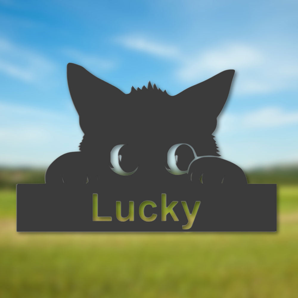 Edelstahl Katzenschild mit niedlicher Katzen-Silhouette und individueller Namensgravur Lucky – wetterfestes Deko-Schild für Garten oder Hauswand

