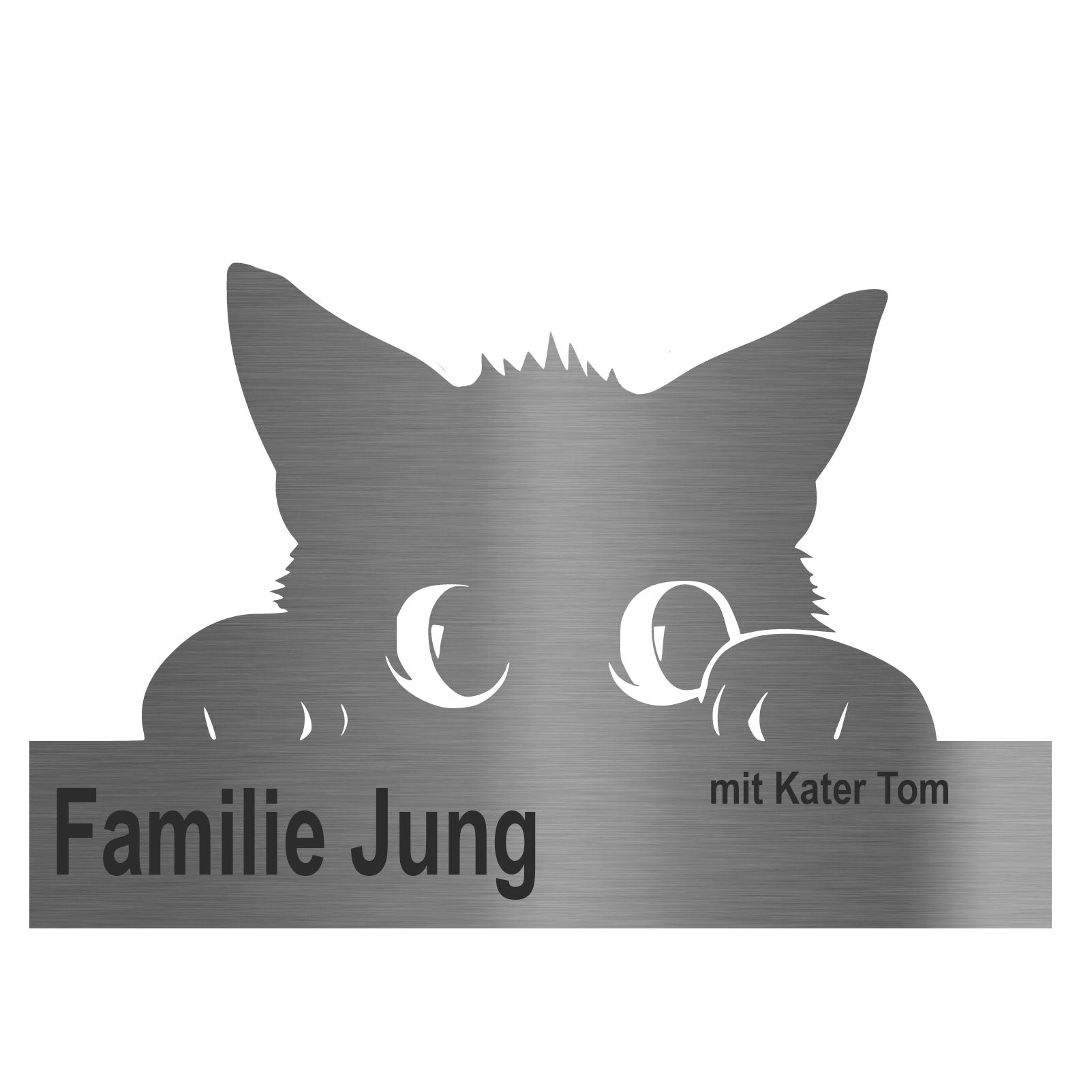 Katzenschild aus V2A Edelstahl mit individueller Gravur „Familie Jung mit Kater Tom“ – perfekt für Katzenfreunde
