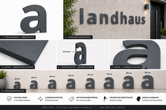 Produktdetails zu Edelstahl-Kleinbuchstaben a bis z in Open Sans RAL 7016 mit 2 mm Materialstaerke Groessenvergleich und matter Oberflaeche