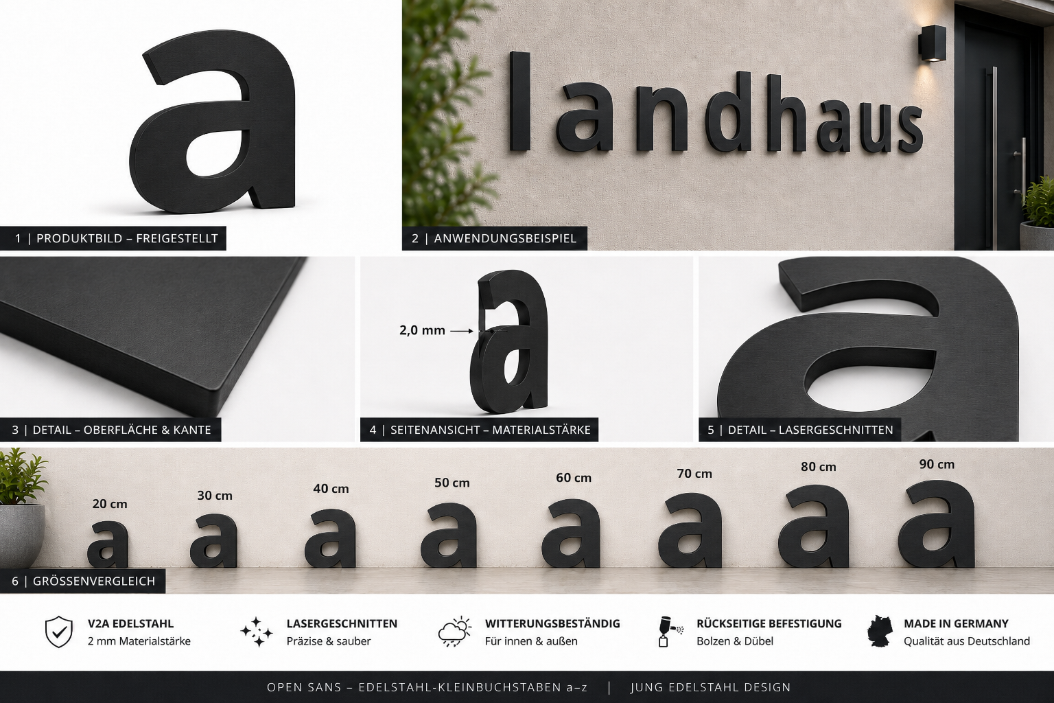 Produktdetails zu schwarzen Edelstahl-Kleinbuchstaben a bis z in Open Sans mit 2 mm Materialstaerke Groessenvergleich und matter Oberflaeche