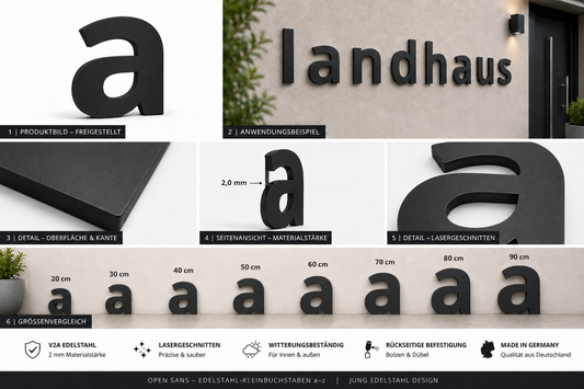 Produktdetails zu schwarzen Edelstahl-Kleinbuchstaben a bis z in Open Sans mit 2 mm Materialstaerke Groessenvergleich und matter Oberflaeche