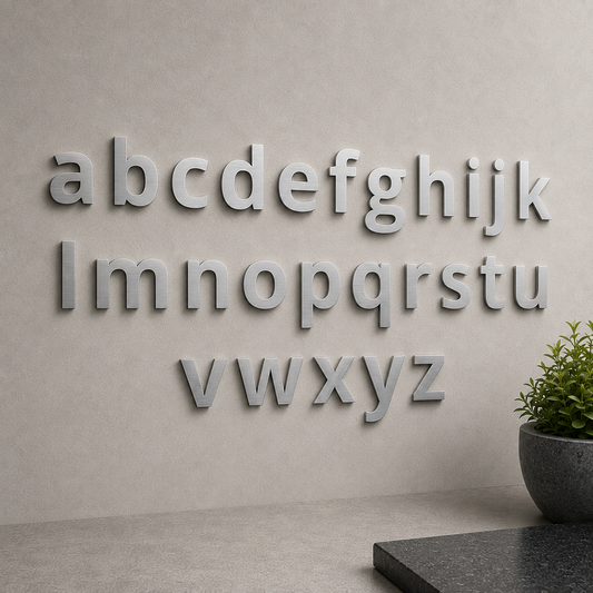 Edelstahl-Kleinbuchstaben a bis z in Open Sans aus gebuerstetem V2A Edelstahl an heller Wand