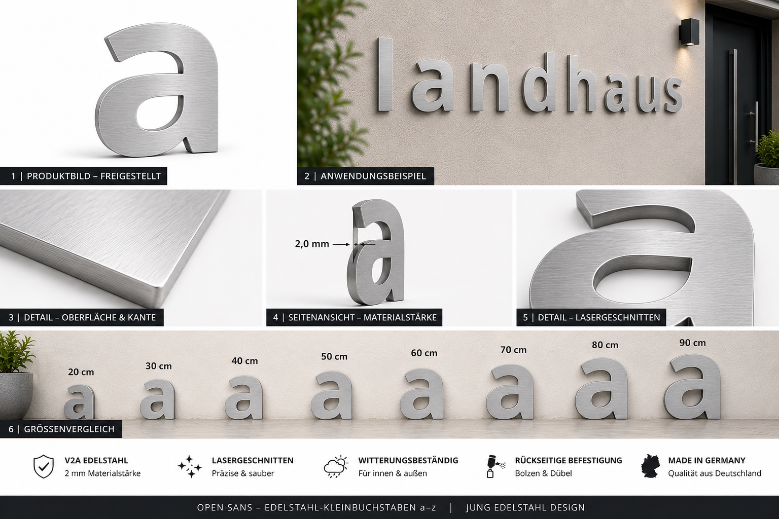 Produktdetails zu Edelstahl-Kleinbuchstaben a bis z in Open Sans mit 2 mm Materialstaerke Groessenvergleich und V2A Oberflaeche