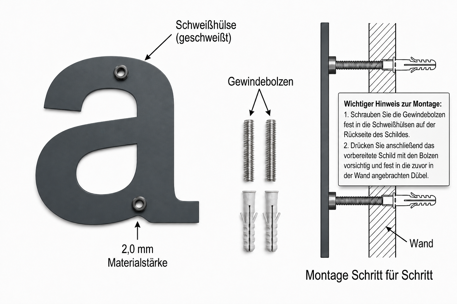 Montage der RAL 7016 Edelstahl-Kleinbuchstaben mit rueckseitiger Schweisshuelse Gewindebolzen und Duebel fuer unsichtbare Befestigung