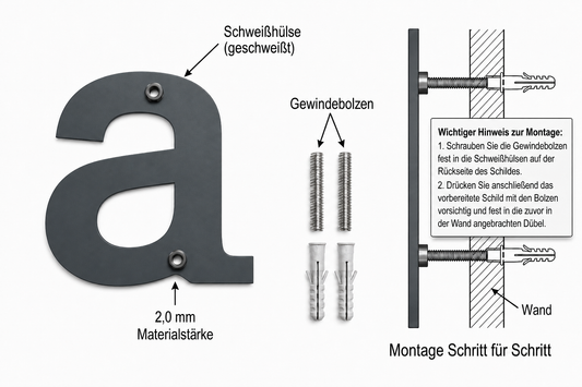 Montage der RAL 7016 Edelstahl-Kleinbuchstaben mit rueckseitiger Schweisshuelse Gewindebolzen und Duebel fuer unsichtbare Befestigung