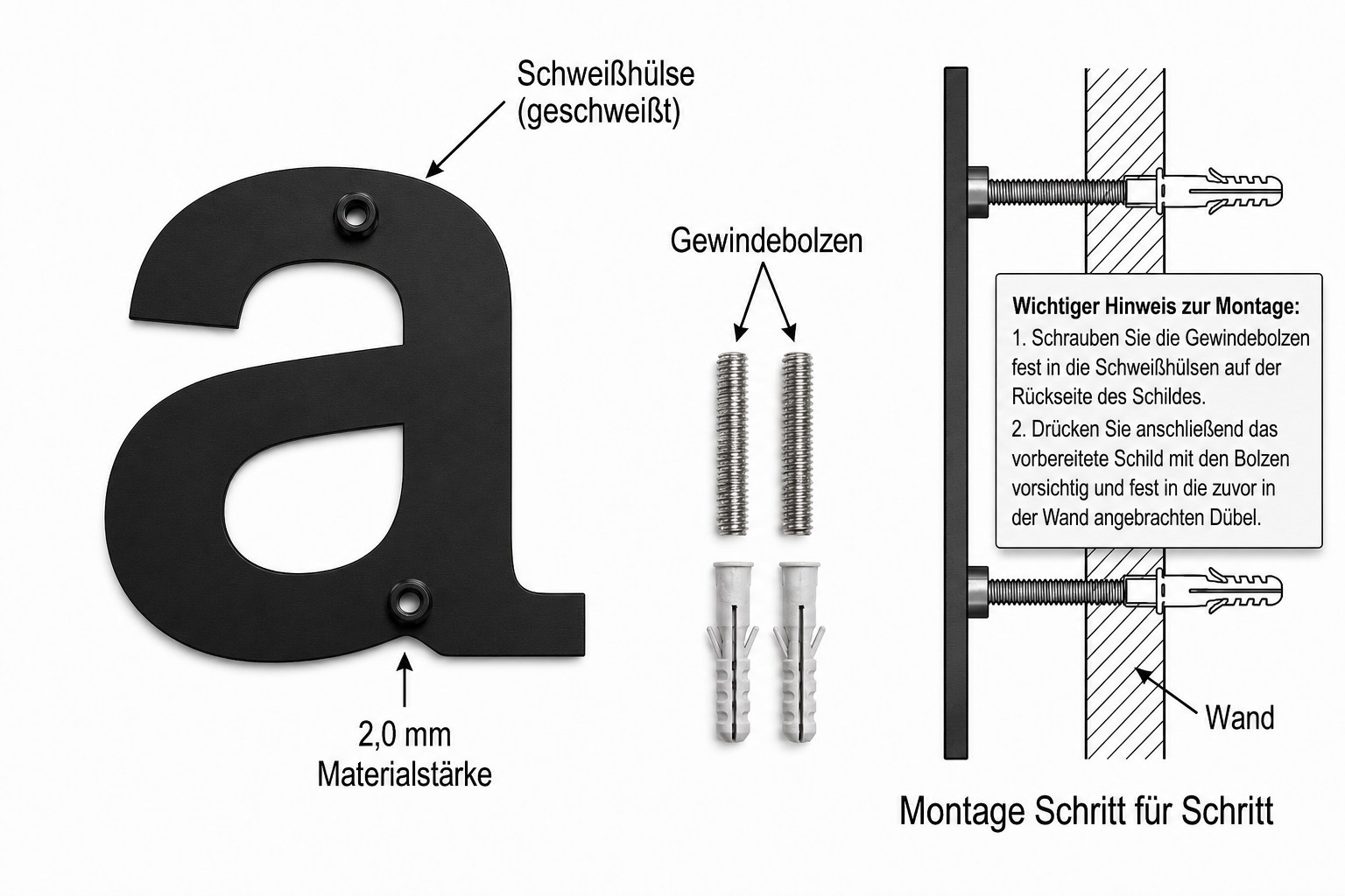 Montage der schwarzen Edelstahl-Kleinbuchstaben mit rueckseitiger Schweisshuelse Gewindebolzen und Duebel fuer unsichtbare Befestigung