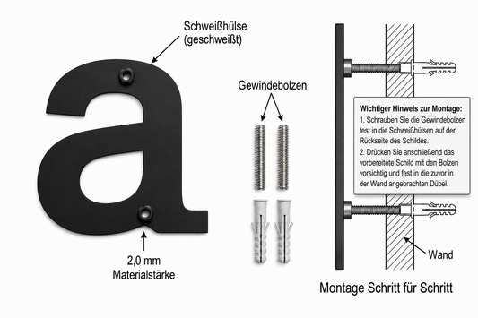 Montage der schwarzen Edelstahl-Kleinbuchstaben mit rueckseitiger Schweisshuelse Gewindebolzen und Duebel fuer unsichtbare Befestigung