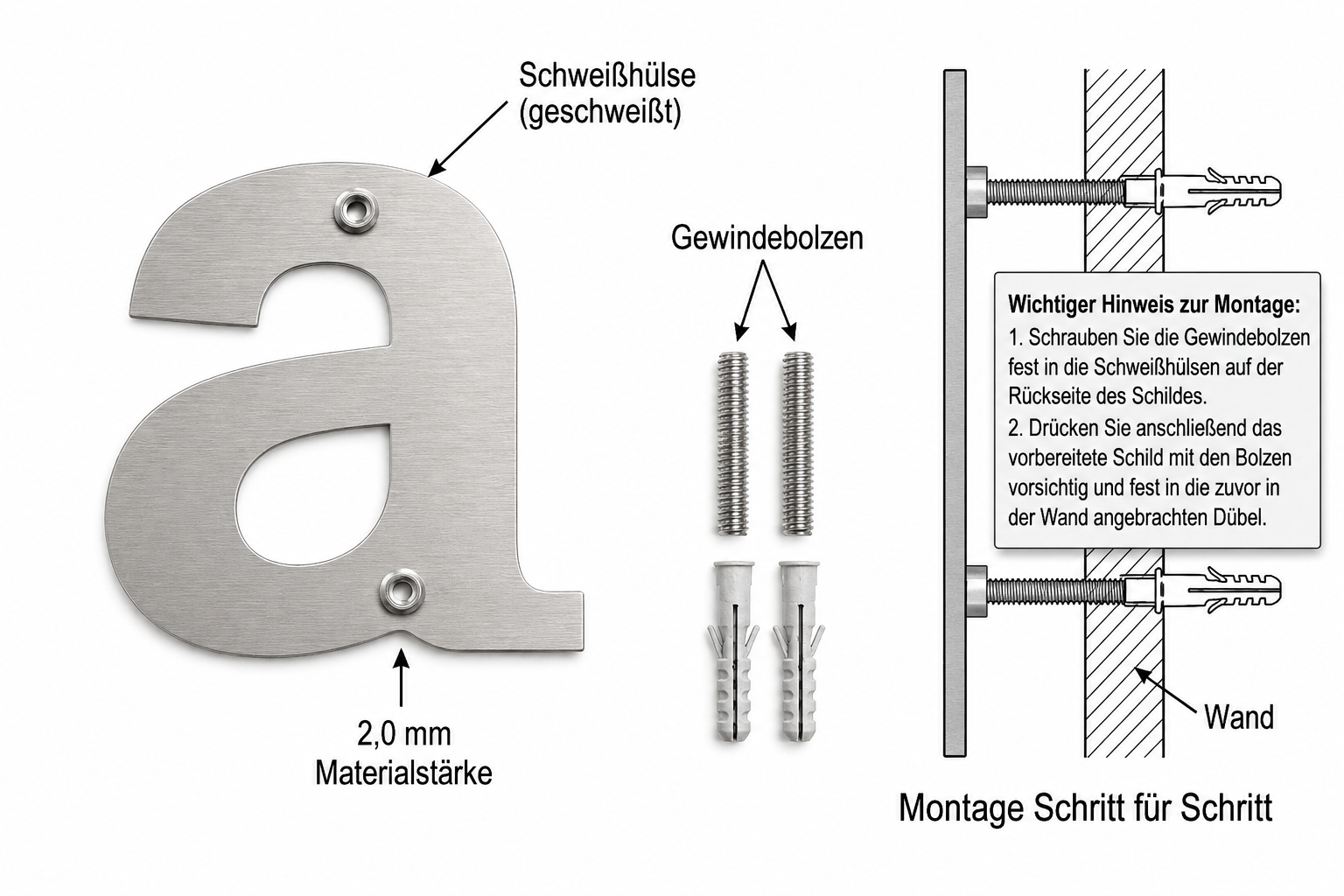 Montage der Edelstahl-Kleinbuchstaben mit rueckseitiger Schweisshuelse Gewindebolzen und Duebel fuer unsichtbare Befestigung