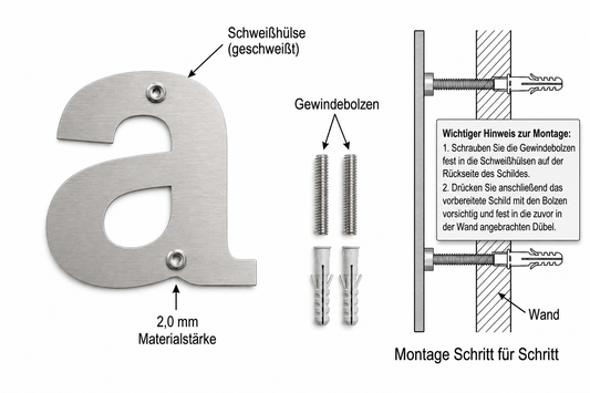 Montage der Edelstahl-Kleinbuchstaben mit rueckseitiger Schweisshuelse Gewindebolzen und Duebel fuer unsichtbare Befestigung