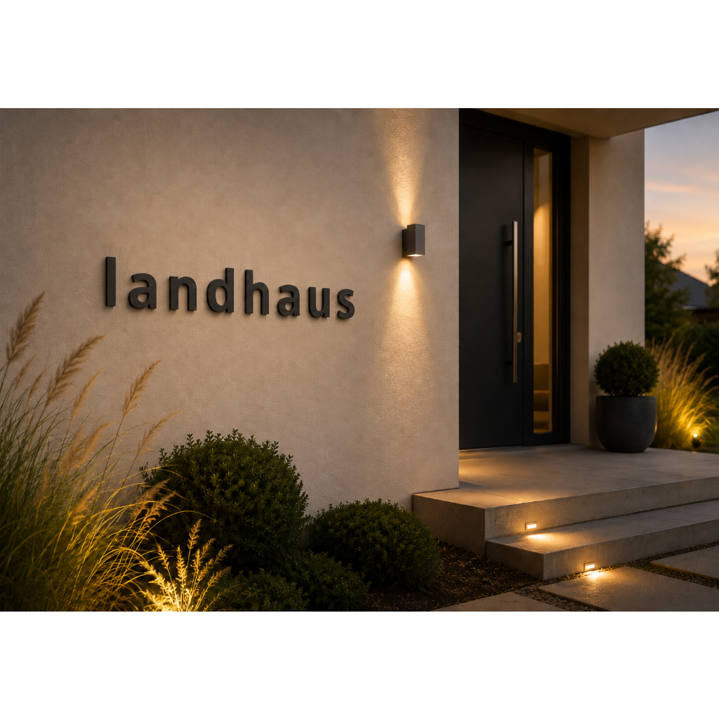 Anwendungsbeispiel schwarze Edelstahl-Kleinbuchstaben als Beschriftung Landhaus an moderner Fassade