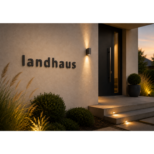 Anwendungsbeispiel schwarze Edelstahl-Kleinbuchstaben als Beschriftung Landhaus an moderner Fassade