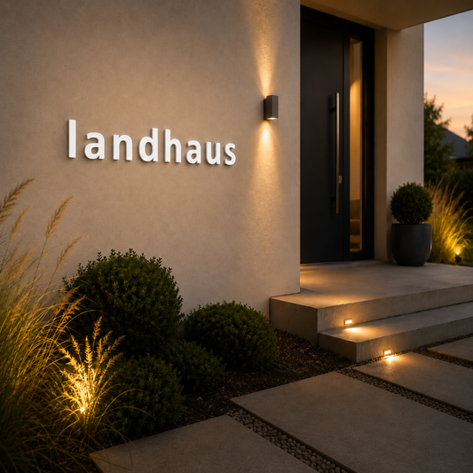 Anwendungsbeispiel weisse Edelstahl-Kleinbuchstaben als Beschriftung Landhaus an moderner Fassade