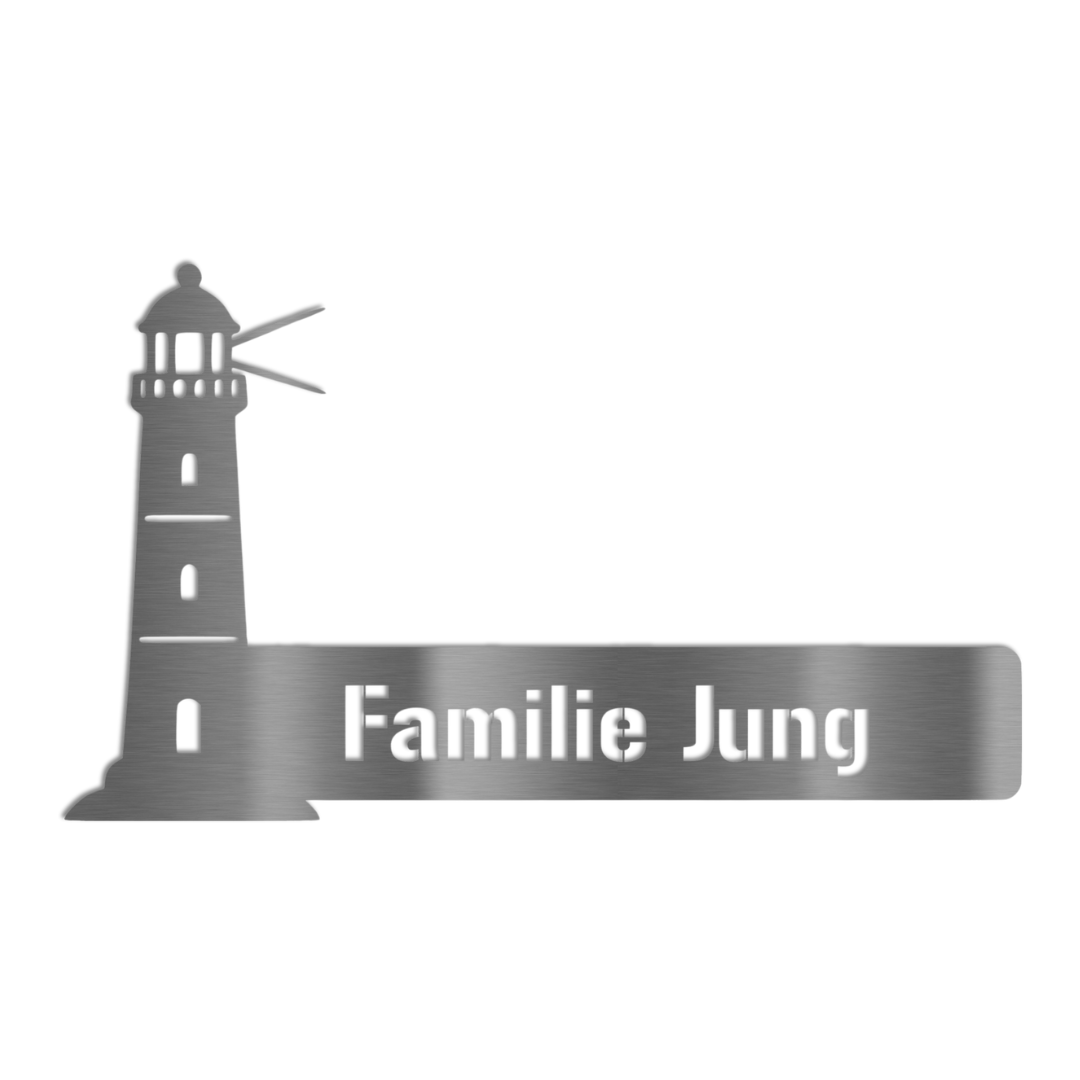 Namensschild aus V2A Edelstahl mit Leuchtturm-Motiv und ausgelasertem Schriftzug „Familie Jung“ – modernes, maritimes Design, witterungsbeständig für den Außenbereich
