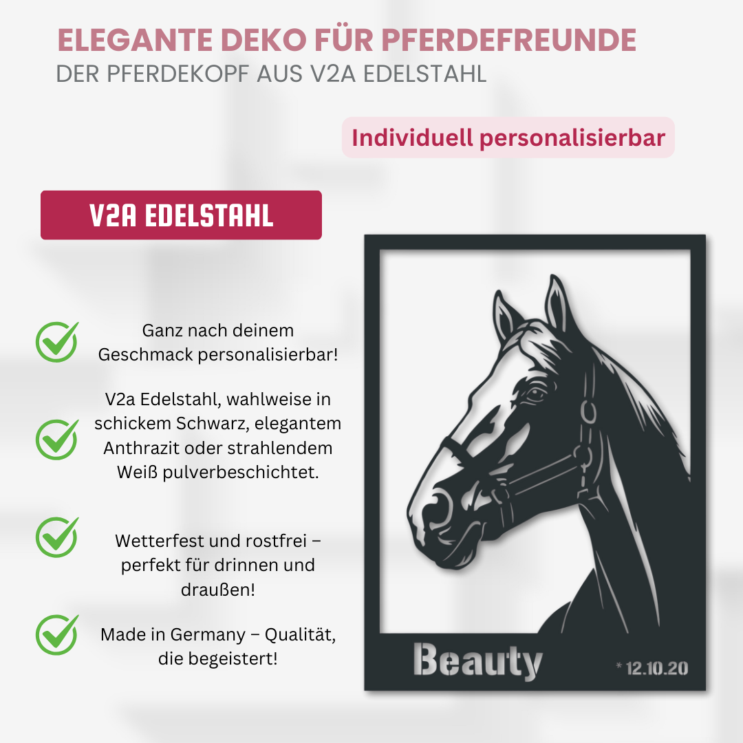 Infografik zum personalisierbaren Pferdeschild „Beauty“ aus V2A Edelstahl – rostfrei, wetterfest und in Schwarz, Weiß oder Anthrazit erhältlich. Made in Germany.

